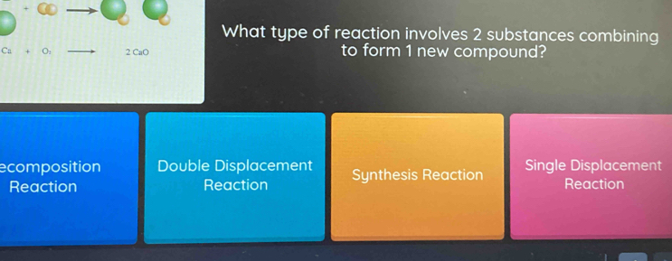 What type of reaction involves 2 substances combining
Ca + O: 2 CaO to form 1 new compound?
ecomposition Double Displacement Synthesis Reaction Single Displacement
Reaction Reaction Reaction