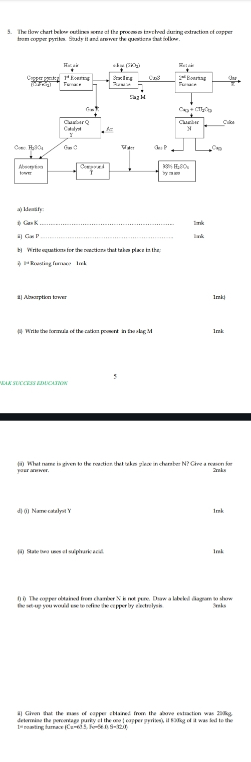 The flow chart below outlines some of the processes involved during extraction of copper
from copper pyrites. Study it and answer the questions that follow
a) Identify:
i) Gas K
1mk
_
ii) Gas F 1mk
b) Write equations for the reactions that takes place in the;
ii) Absorption tower 1mk)
1mk
(ii) What name is given to the reaction that takes place in chamber N? Give a reason for
your answer. 2mks
d) (i) Name catalyst Y 1mk
(ii) State two uses of sulphuric acid 1mk
f) i) The copper obtained from chamber N is not pure. Draw a labeled diagram to show
the set-up you would use to refine the copper by electrolysis. 3mks
ii) Given that the mass of copper obtained from the above extraction was 210kg.
determine the percentage purity of the ore ( copper pyrites), if 810kg of it was fed to the
1ª roasting furnace (Cu=63.5, Fe=56.0, S=32.0