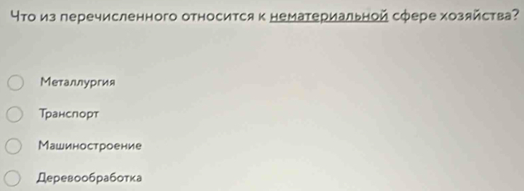 Υτо из перечисленного относится κ нематериальной сфере хозяйства?
Металлургия
Транспорт
Машиностроение
Деревообработка