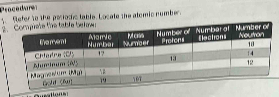 Procedure: 
1. Refer to the periodic table. Locate the atomic number. 
2 
Questions