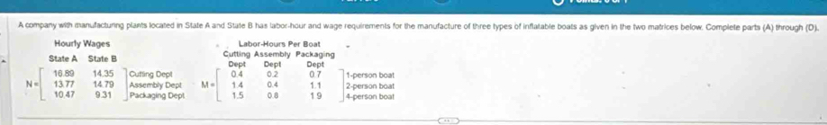 A company with manufacturing plants located in State A and State B has labor-hour and wage requirements for the manufacture of three types of inflatable boats as given in the two matrices below. Complete parts (A) through (D). 
Hourly Wages Labor-Hours Per Boat 
State A State B Cutting Assembly Packaging 
Cutling Dept 1-person boat
N=beginbmatrix 16.89&14.35 13.77&14.79 10.47&9.31endbmatrix Assembly Dept M=beginbmatrix 0.4&0.2&0.7 1.4&0.4&11 1.5&0.8&19end(bmatrix)^ 2-person boat 
Packaging Dept 4-person boat