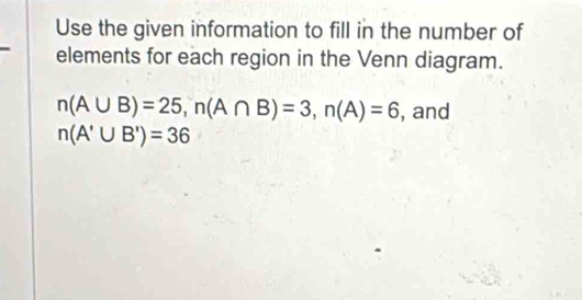 Use the given information to fill in the number of 
elements for each region in the Venn diagram.
n(A∪ B)=25, n(A∩ B)=3, n(A)=6 , and
n(A'∪ B')=36