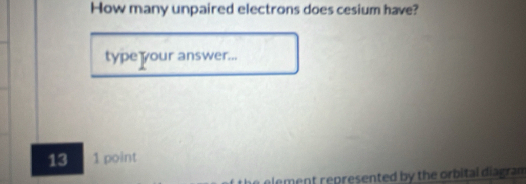 How many unpaired electrons does cesium have? 
type your answer... 
13 1 point 
e element represented by the orbital diagran