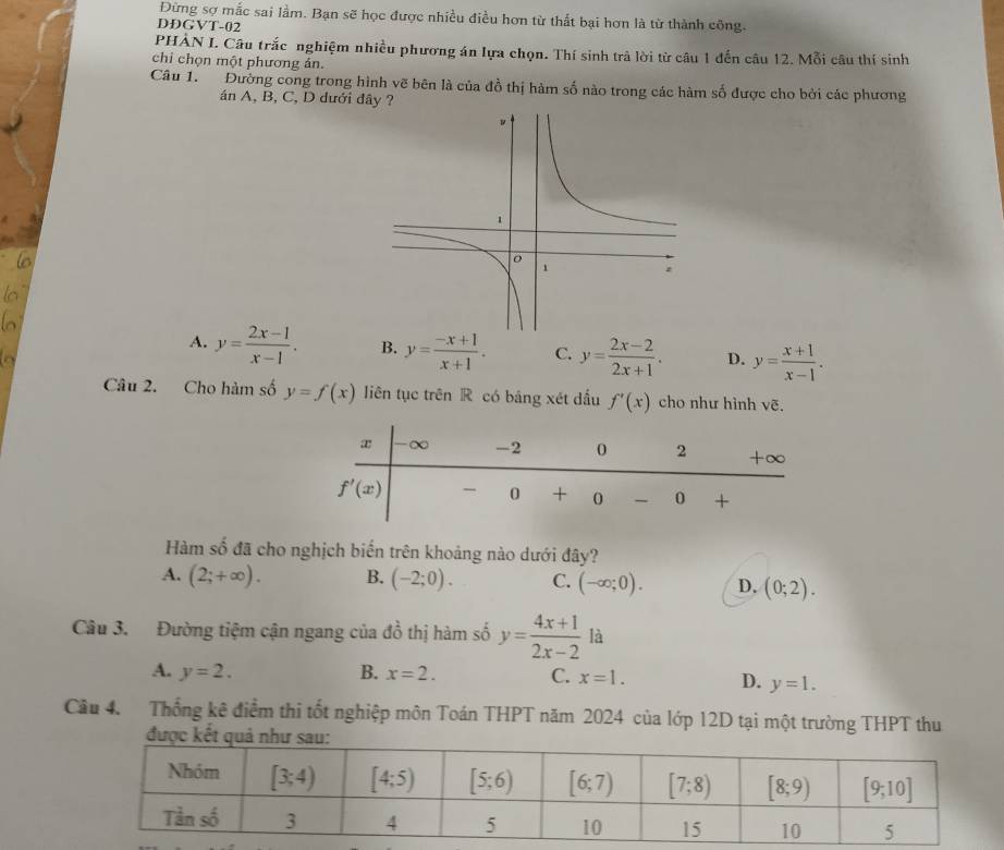 Đừng sợ mắc sai lầm. Bạn sẽ học được nhiều điều hơn từ thất bại hơn là từ thành công.
DĐGVT-02
PHẢN I. Câu trắc nghiệm nhiều phương án lựa chọn. Thí sinh trả lời từ câu 1 đến câu 12. Mỗi câu thí sinh
chỉ chọn một phương ản.
Câu 1. Đường cong trong hình vẽ bên là của đồ thị hàm số nào trong các hàm số được cho bởi các phương
án A, B, C, D dưới đây ?
A. y= (2x-1)/x-1 . B. y= (-x+1)/x+1 . C. y= (2x-2)/2x+1 . D. y= (x+1)/x-1 .
Câu 2. Cho hàm số y=f(x) liên tục trên R có bảng xét dầu f'(x) cho như hình vẽ.
Hàm số đã cho nghịch biến trên khoảng nào dưới đây?
A. (2;+∈fty ). B. (-2;0). C. (-∈fty ;0). D. (0;2).
Câu 3. Đường tiệm cận ngang của đồ thị hàm số y= (4x+1)/2x-2 1a
A. y=2. B. x=2.
C. x=1. D. y=1.
Cầu 4. Thống kê điểm thi tốt nghiệp môn Toán THPT năm 2024 của lớp 12D tại một trường THPT thu