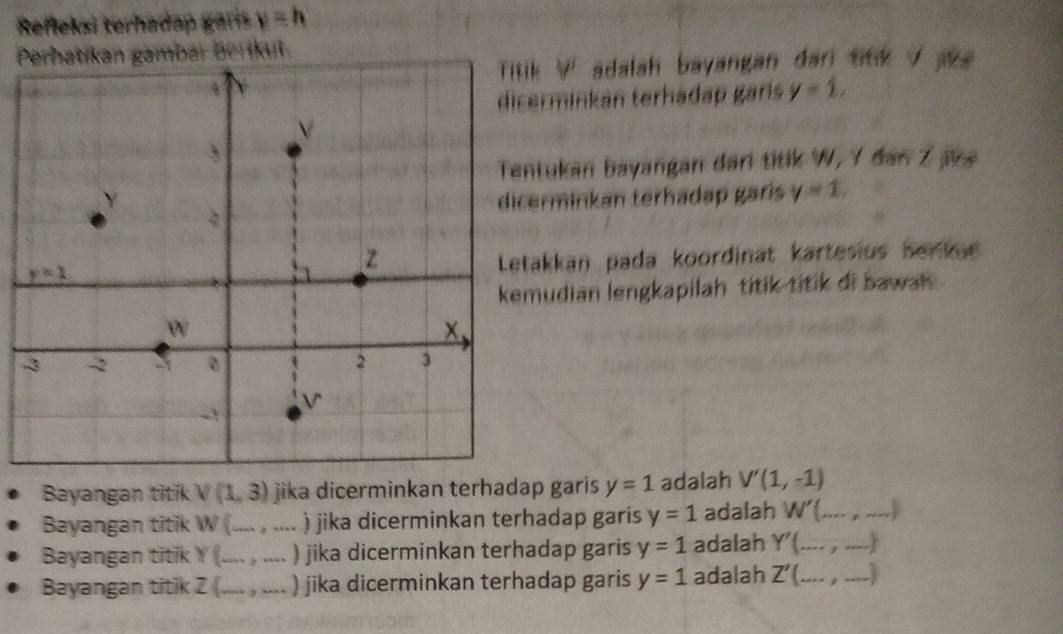 Refleksi terhadap garís y=h
Perhatíkan gambar Berikut
k V' adalah bayangan dani ttk √ ae
rminkan terhadap garis. y=1,
tukan bayangan dari titik W, Y dan Z jive
rminkan terhadap garís y=1,
akkan pada koordinat kartesius benkue
udian lengkapilah titik titik di bawah .
Bayangan titik V(1,3) jika dicerminkan terhadap garis y=1 adalah V'(1,-1)
Bayangan titik W (_      ) jika dicerminkan terhadap garis y=1 adalah W'(...,...) _
Bayangan titik Y _) jika dicerminkan terhadap garis y=1 adalah Y'(...,...)
Bayangan titik Z _) jika dicerminkan terhadap garis y=1 adalah Z'(...,...)