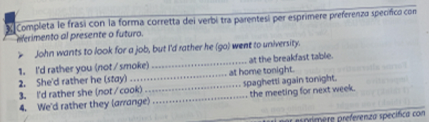 3: Completa le frasí con la forma corretta dei verbi tra parentesi per esprimere preferenzó specífico con 
rferimento al presente o futuro. 
John wants to look for a job, but I'd rather he (go) went to university. 
1. I'd rather you (not /smoke) _at the breakfast table. 
2. She'd rather he (stay)_ at home tonight. 
3. I'd rather she (not/cook) _spaghetti again tonight. 
4. We'd rather they (arrange) _the meeting for next week. 
ar esprímere preferenza specífica con