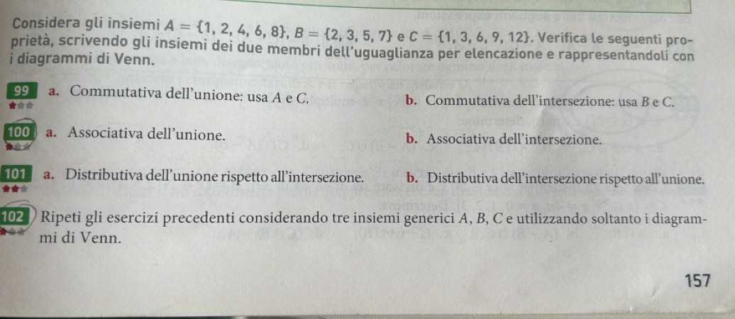 Considera gli insiemi A= 1,2,4,6,8 , B= 2,3,5,7 e C= 1,3,6,9,12. Verifica le seguenti pro-
prietà, scrivendo gli insiemi dei due membri dell’uguaglianza per elencazione e rappresentandoli con
i diagrammi di Venn.
99 a. Commutativa dell’unione: usa A e C. b. Commutativa dell’intersezione: usa B e C.
★**
100 a. Associativa dell’unione. b. Associativa dell’intersezione.
101 a. Distributiva dell’unione rispetto all’intersezione. b. Distributiva dell’intersezione rispetto all’unione.
102 ) Ripeti gli esercizi precedenti considerando tre insiemi generici A, B, C e utilizzando soltanto i diagram-
mi di Venn.
157