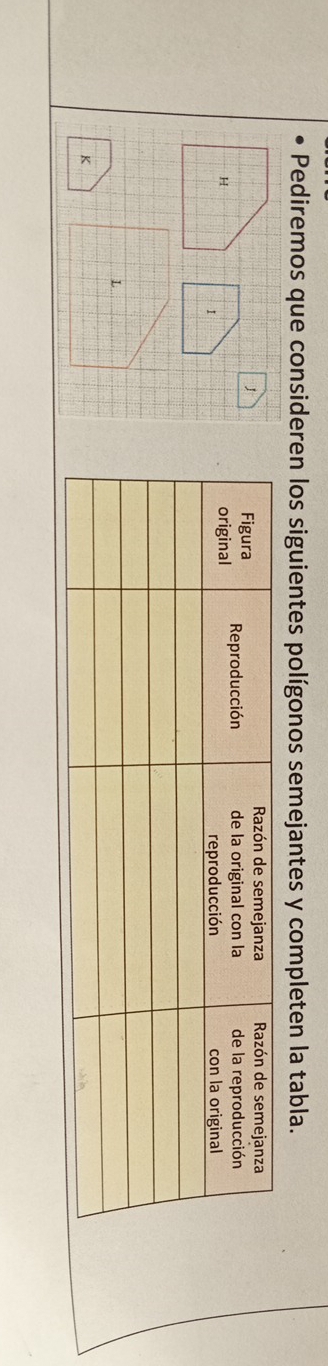 Pediremos que consideren los siguientes polígonos semejantes y completen la tabla. 
1 

1
L
K