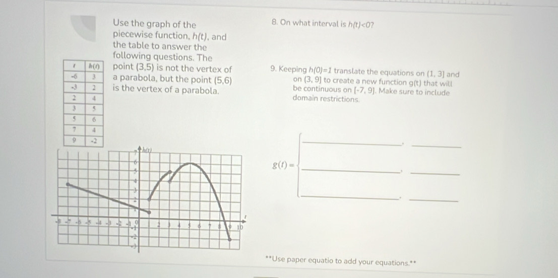 Use the graph of the 8. On what interval is h(t)<0</tex> 2
piecewise function, h(t) , and
the table to answer the
following questions. The
point (3,5) is not the vertex of 9. Keeping h(0)=1 translate the equations on (1,3] and
a parabola, but the point (5,6) be continuous on that will
on (3,9] to create a new function g(t)
is the vertex of a parabola. [-7,9]. Make sure to include
domain restrictions
_
7 h()
_
6
5
_
g(t)= _
4
3
2
_
_
T
1
0
-7 -5 -5 -31 -3 -2 -1 v1 2 4 5 6 7 8 9 16
-2
*Use paper equatio to add your equations.**