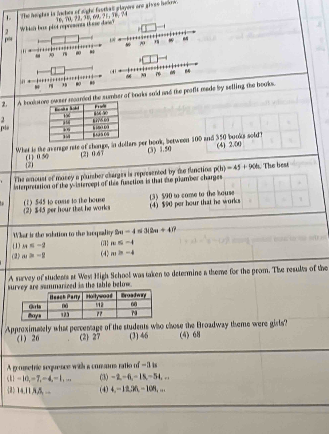 The heights in Inches of eight football players are given below
76, 70, 72, 70, 69, 71, 78, 74
2 Which box plot represents these data?
pts(3)
2. A booksto recorded the number of books sold and the profit made by selling the books.
2
pts 
What is the average rate of change, in dollars per book, between 100 and 350 books sold?
(1) 0.50 (2) 0.67 (3) 1.50 (4) 2.00
(2)
The amount of money a plumber charges is represented by the function p(b)=45+90h. The best
interpretation of the y-intercept of this function is that the plumber charges
(1) $45 to come to the house (3) $90 to come to the house
(2) $45 per hour that he works (4) $90 per hour that he works
What is the solution to the inequality 2m-4≤ 3(2m+4)
(1) m≤ -2 (3) m≤ -4
(2) m≌ -2 (4) m≌ -4
A survey of students at West High School was taken to determine a theme for the prom. The results of the
e summarized in the table below.
Approximately what percentage of the students who chose the Broadway theme were girls?
(1) 26 (2) 27 (3) 46 (4) 68
A geometric sequence with a common ratio of =3 is
(1) =10,=7,-4,=1,,w (3) -2,-6,= 18.=54. ...
(2) 14,11,8,5,... (4) 4,=12,36,-108, .