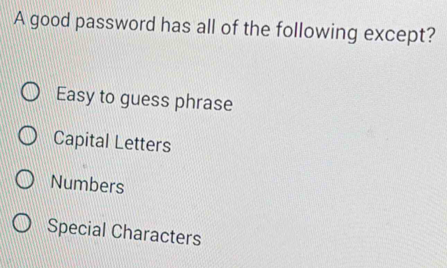 Solved: A good password has all of the following except? Easy to guess ...