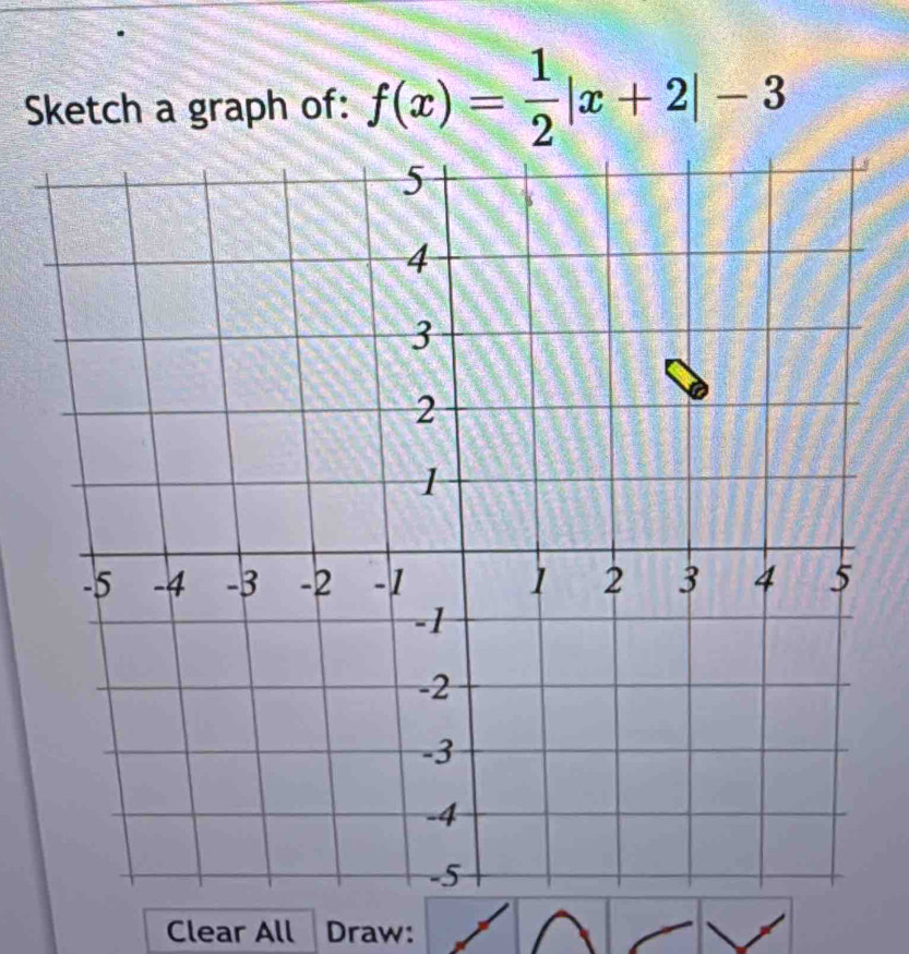 Sketch a graph of: f(x)= 1/2 |x+2|-3
Clear All Draw: