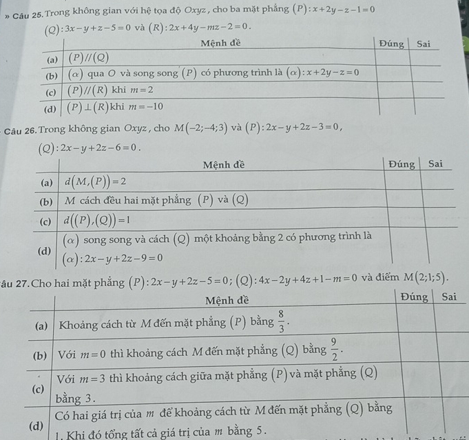 » Câu 25. Trong không gian với hệ tọa độ Oxyz , cho ba mặt phẳng (P): x+2y-z-1=0
(Q): 3x-y+z-5=0 và (R): 2x+4y-mz-2=0.
Câu 26. Trong không gian Oxyz , cho M(-2;-4;3) và (P):2x-y+2z-3=0,
(Q): 2x-y+2z-6=0.
2âu 27.Cho hai mặt phẳng (P): 2x-y+2z-5=0;(Q): 4x-2y+4z+1-m=0 và điểm M(2;1;5).
1Khi đó tổng tất cả giá trị của