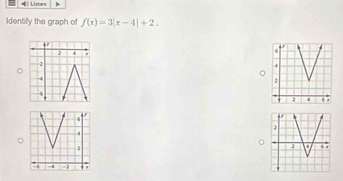 ) Listen 
Identify the graph of f(x)=3|x-4|+2.