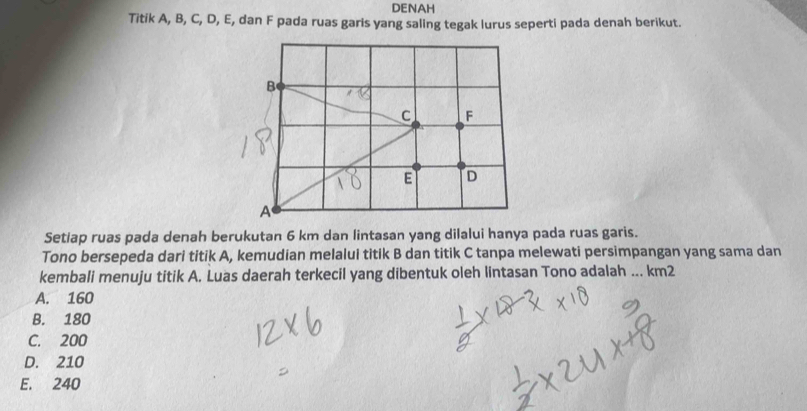 DENAH
Titik A, B, C, D, E, dan F pada ruas garis yang saling tegak lurus seperti pada denah berikut.
Setiap ruas pada denah berukutan 6 km dan lintasan yang dilalui hanya pada ruas garis.
Tono bersepeda dari titik A, kemudian melalui titik B dan titik C tanpa melewati persimpangan yang sama dan
kembali menuju titik A. Luas daerah terkecil yang dibentuk oleh lintasan Tono adalah ... km2
A. 160
B. 180
C. 200
D. 210
E. 240