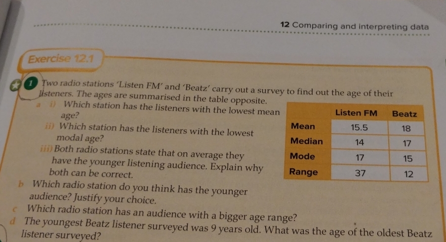 Comparing and interpreting data 
Exercise 12.1 
Two radio stations ‘Listen FM’ and ‘Beatz’ carry out a survey to find out the age of their 
listeners. The ages are summarised in the table opposite. 
Which station has the listeners with the lowest mea 
age? 
i) Which station has the listeners with the lowest 
modal age? 
i==) Both radio stations state that on average they 
have the younger listening audience. Explain why 
both can be correct. 
Which radio station do you think has the younger 
audience? Justify your choice. 
C Which radio station has an audience with a bigger age range? 
d The youngest Beatz listener surveyed was 9 years old. What was the age of the oldest Beatz 
listener surveyed?