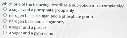 Which one of the following describes a nucleotide most completely?
a sugar and a phosphate group only
nitrogen base, a sugar, and a phosphate group
nitrogen base and a sugar only
a sugar and a purine
a sugar and a pyrimidine