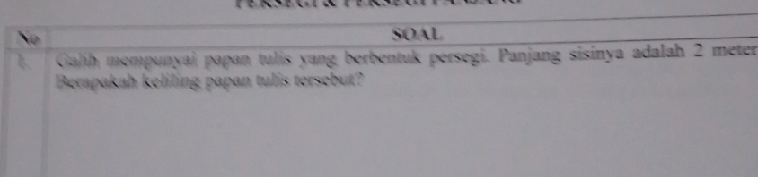 No SOAL 
Gahh mompunyai papan tulis yang berbentuk persegi. Panjang sisinya adalah 2 meter
Berapakah keliling papan tulis tersebut?