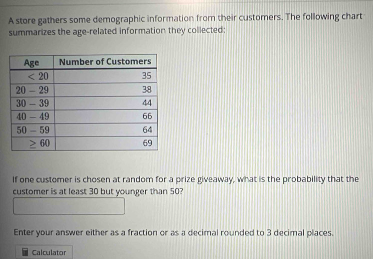 A store gathers some demographic information from their customers. The following chart
summarizes the age-related information they collected:
If one customer is chosen at random for a prize giveaway, what is the probability that the
customer is at least 30 but younger than 50?
Enter your answer either as a fraction or as a decimal rounded to 3 decimal places.
Calculator