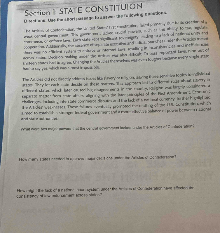 Solved: STATE CONSTITUION Directions: Use the short passage to answer ...