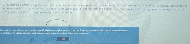 sistema digestório é responsável pela obtenção dos alimentos, por meio da ingestão, e, também pelo processamento dos alimentos, resultando em 
nutrientes que podem ser absorvidos e que são necessários às diferentes funções do organismo, como crescimento, energia para reprodução, locomoção, 
etc. A figura a seguir é uma representação do sistema digestório. 
diza cookies para oferecer uma melhor experiência de navegação, analisar como você interage em nosso site, olimizar o desempenho e 
r o conteúdo. Ao utifizar este site, você concorda com o uso de cooties. Saíba mais em nosso Portal de fnvicidade, 
A 
Ok