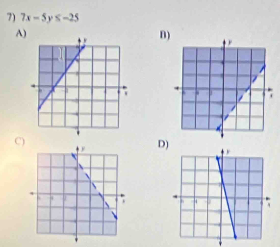 7x-5y≤ -25
A) 
B 
C) 
D)