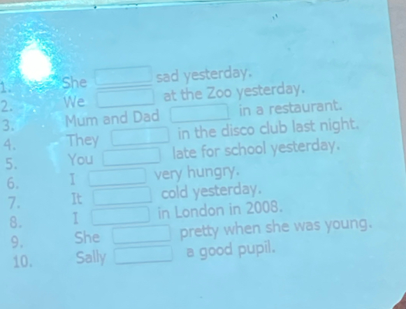 She sad yesterday. 
2. We at the Zoo yesterday. 
3. Mum and Dad in a restaurant. 
4. They in the disco club last night. 
5. You late for school yesterday. 
6. I very hungry. 
7. It cold yesterday. 
8. I in London in 2008. 
9. She pretty when she was young. 
10. Sally a good pupil.