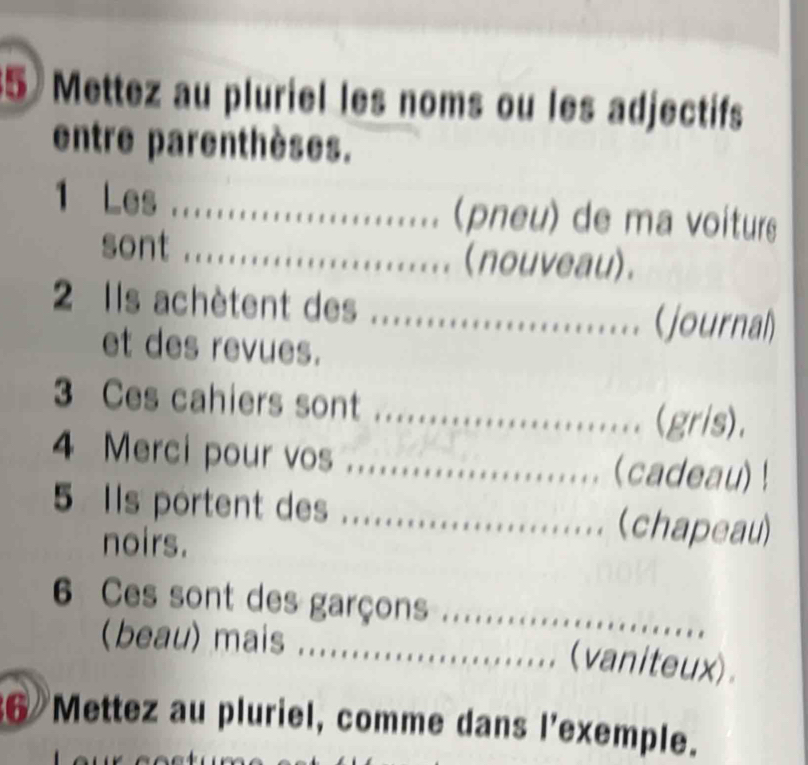 Mettez au pluriel les noms ou les adjectifs 
entre parenthèses. 
1 Less .................. . . . . . (pneu) de ma voiturs 
sont .......................... . (nouveau). 
2 Ils achètent des ....................... (journal) 
et des revues. 
3 Ces cahiers sont .r....................... (gris). 
4 Merci pour vos ...................... (cadeau) ! 
5 Ils portent des ................... (chapeau) 
noirs. 
6 Ces sont des garçons …..…...._ 
(beau) mais ......................... (vaniteux). 
6 Mettez au pluriel, comme dans l'exemple.