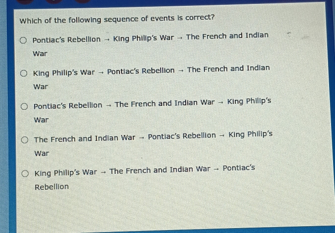 Which of the following sequence of events is correct?
Pontiac's Rebellion → King Philip's War → The French and Indian
War
King Philip's War → Pontiac's Rebellion → The French and Indian
War
Pontiac's Rebellion → The French and Indian War → King Philip's
War
The French and Indian War → Pontiac's Rebellion → King Philip's
War
King Philip's War → The French and Indian War → Pontiac's
Rebellion