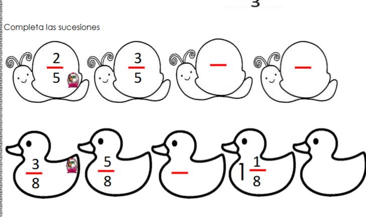 Completa las sucesiones
 2/5 
 3/5 
 3/8 
 5/8 
1 1/8 