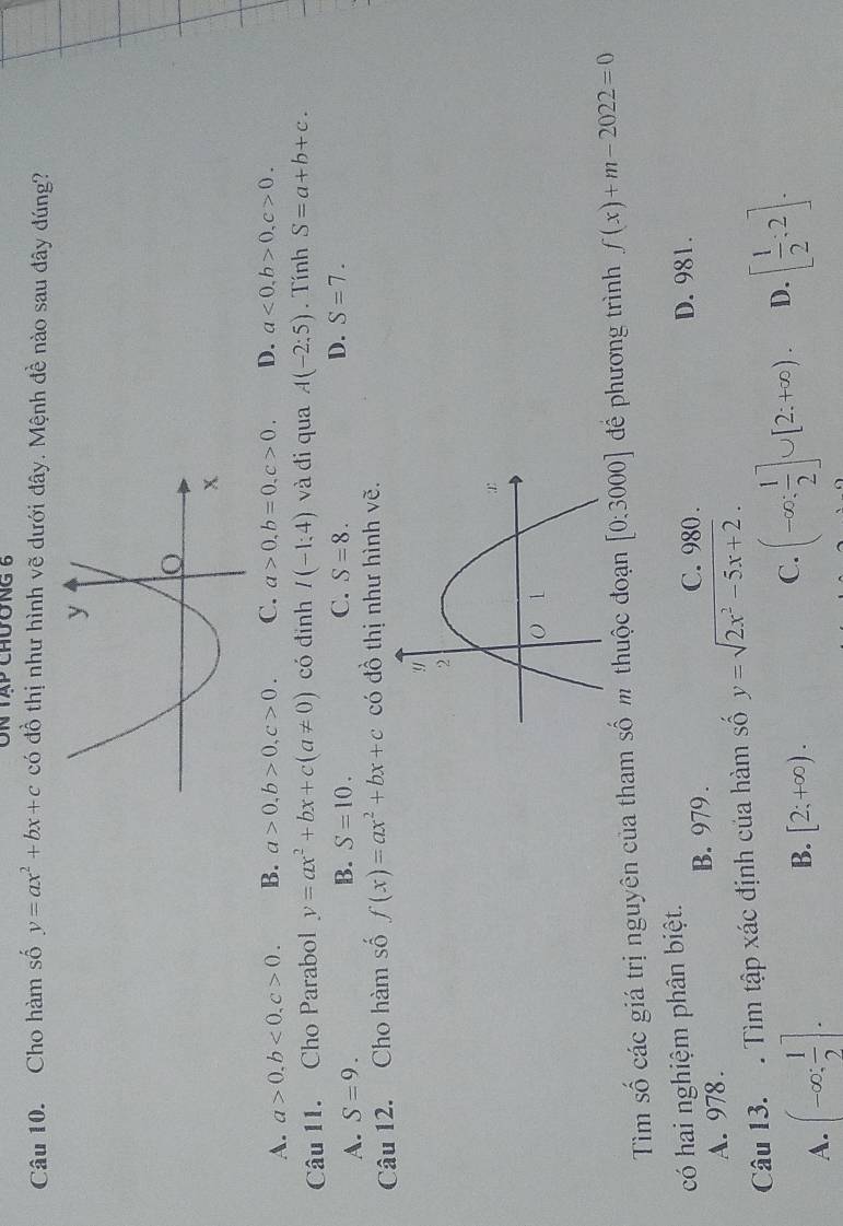 UN Tập chương 6
Câu 10. Cho hàm số y=ax^2+bx+c có đồ thị như hình vẽ dưới đây. Mệnh đề nào sau đây đúng?
A. a>0, b<0</tex>, c>0. B. a>0, b>0, c>0. C. a>0, b=0, c>0. D. a<0</tex>, b>0, c>0. 
Câu 11. Cho Parabol y=ax^2+bx+c(a!= 0) có đinh I(-1;4) và đi qua A(-2:5). Tính S=a+b+c.
B. S=10. C.
A. S=9. S=8. D. S=7. 
Câu 12. Cho hàm số f(x)=ax^2+bx+c có đồ thị như hình vẽ.
Tìm số các giá trị nguyên của tham số m thuộc đoạn [0:3000] để phương trình f(x)+m-2022=0
có hai nghiệm phân biệt.
A. 978. B. 979.
C. 980. D. 981.
Câu 13. . Tìm tập xác định của hàm số y=sqrt(2x^2-5x+2).
A. (-∈fty ; 1/2 ].
B. [2;+∈fty ).
C. (-∈fty : 1/2 ]∪ [2:+∈fty ). D. [ 1/2 :2].