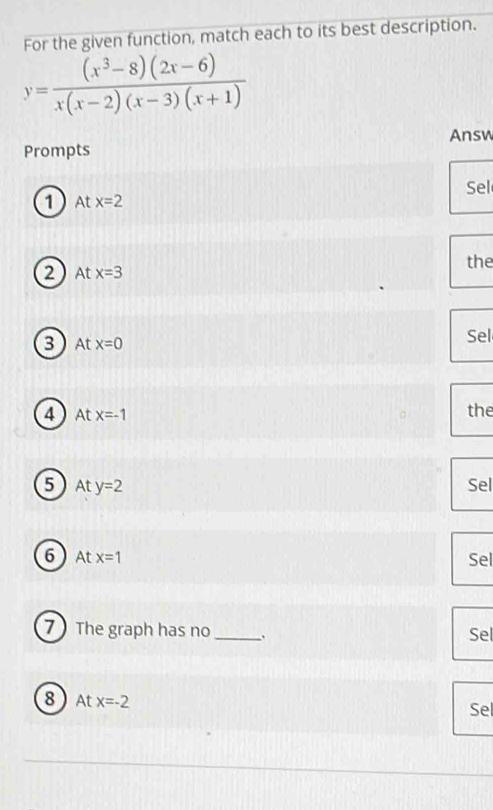 Solved: For the given function, match each to its best description. y ...
