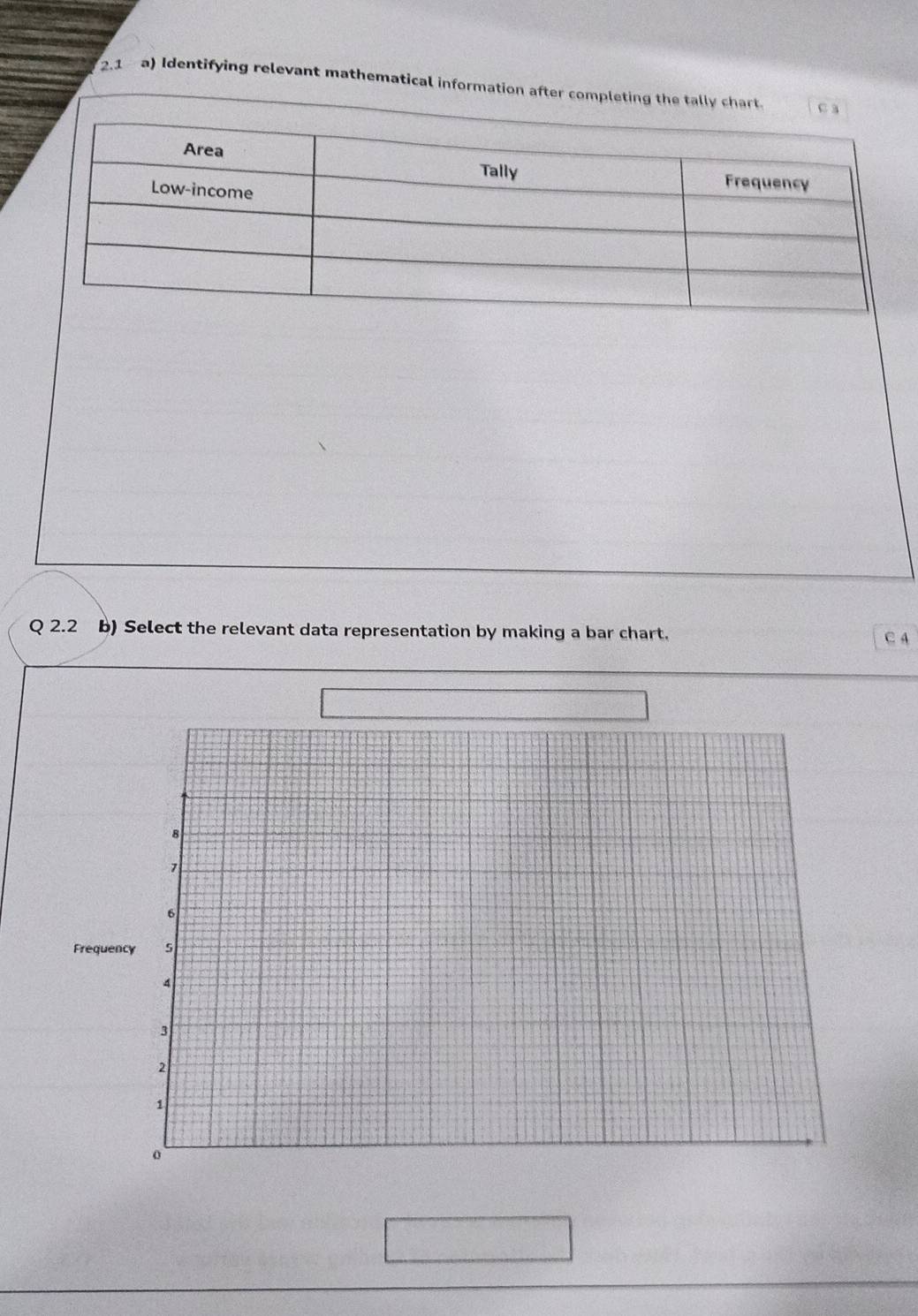 2.1 a) Identifying relevant mathematical information after completing the tally c 
Q 2.2 b) Select the relevant data representation by making a bar chart. C A 
Freque