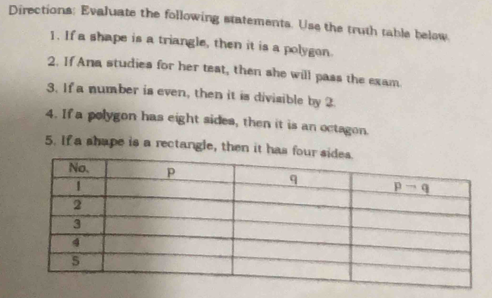 Directions: Evaluate the following statements. Use the truth table below
1. If a shape is a triangle, then it is a polygon.
2. If Ana studies for her test, then she will pass the exam.
3. If a number is even, then it is divisible by 2
4. If a polygon has eight sides, then it is an octagon.
5. If a shape is a rectangle, then it has