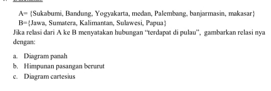 A= Sukabumi, Bandung, Yogyakarta, medan, Palembang, banjarmasin, makasar
B= Jawa, Sumatera, Kalimantan, Sulawesi, Papua
Jika relasi dari A ke B menyatakan hubungan “terdapat di pulau”, gambarkan relasi nya
dengan:
a. Diagram panah
b. Himpunan pasangan berurut
c. Diagram cartesius