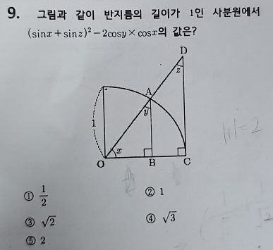 ユ 1_ o|
(sin x+sin z)^2-2cos y* cos x S ？
①  1/2 
② 1
③ sqrt(2)
④ sqrt(3)
⑤ 2