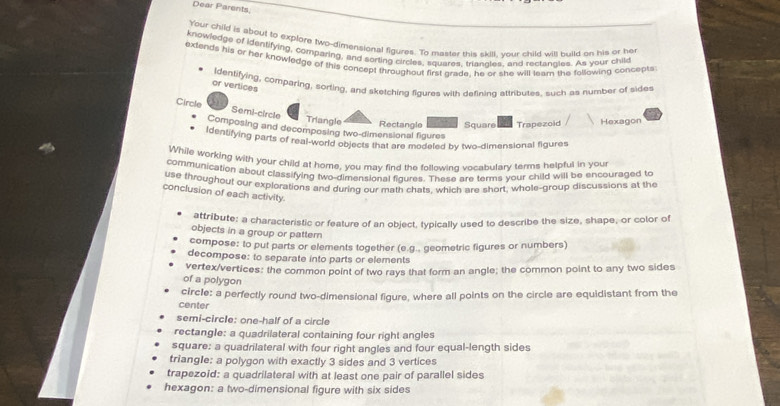 Dear Parents
Your child is about to explore two-dimensional figures. To master this skill, your child will build on his or he
knowledge of identifying, comparing, and sorting circles, squares, triandles, and rectangles. As your child
extends his or her knowledge of this concept throughout first grade, he or she will team the following concebts
Identifying, comparing, sorting, and sketching figures with defining attributes, such as number of sides
or vertices
Circle 5
Semi-circle
Triangle
Composing and decomposing two-dimensional figures Rectangle , ” , , Square Trapezoid Hexagon
Identifying parts of real-world objects that are modeled by two-dimensional figures
While working with your child at home, you mav find the followinq vocabulary terms helbful in your
communication about classifying two-dimensional figures. These are terms your child will be encouraged to
use throughout our explorations and during our math chats, which are short, whole-group discussions at the
conclusion of each activity.
attribute: a characteristic or feature of an object, typically used to describe the size, shape, or color of
objects in a group or pattern
compose: to put parts or elements together (e.g., geometric figures or numbers)
decompose: to separate into parts or elements
of a polygon vertex/vertices: the common point of two rays that form an angle; the common point to any two sides
center circle: a perfectly round two-dimensional figure, where all points on the circle are equidistant from the
semi-circle: one-half of a circle
rectangle: a quadrilateral containing four right angles
square: a quadrilateral with four right angles and four equal-length sides
triangle: a polygon with exactly 3 sides and 3 vertices
trapezold: a quadrilateral with at least one pair of parallel sides
hexagon: a two-dimensional figure with six sides