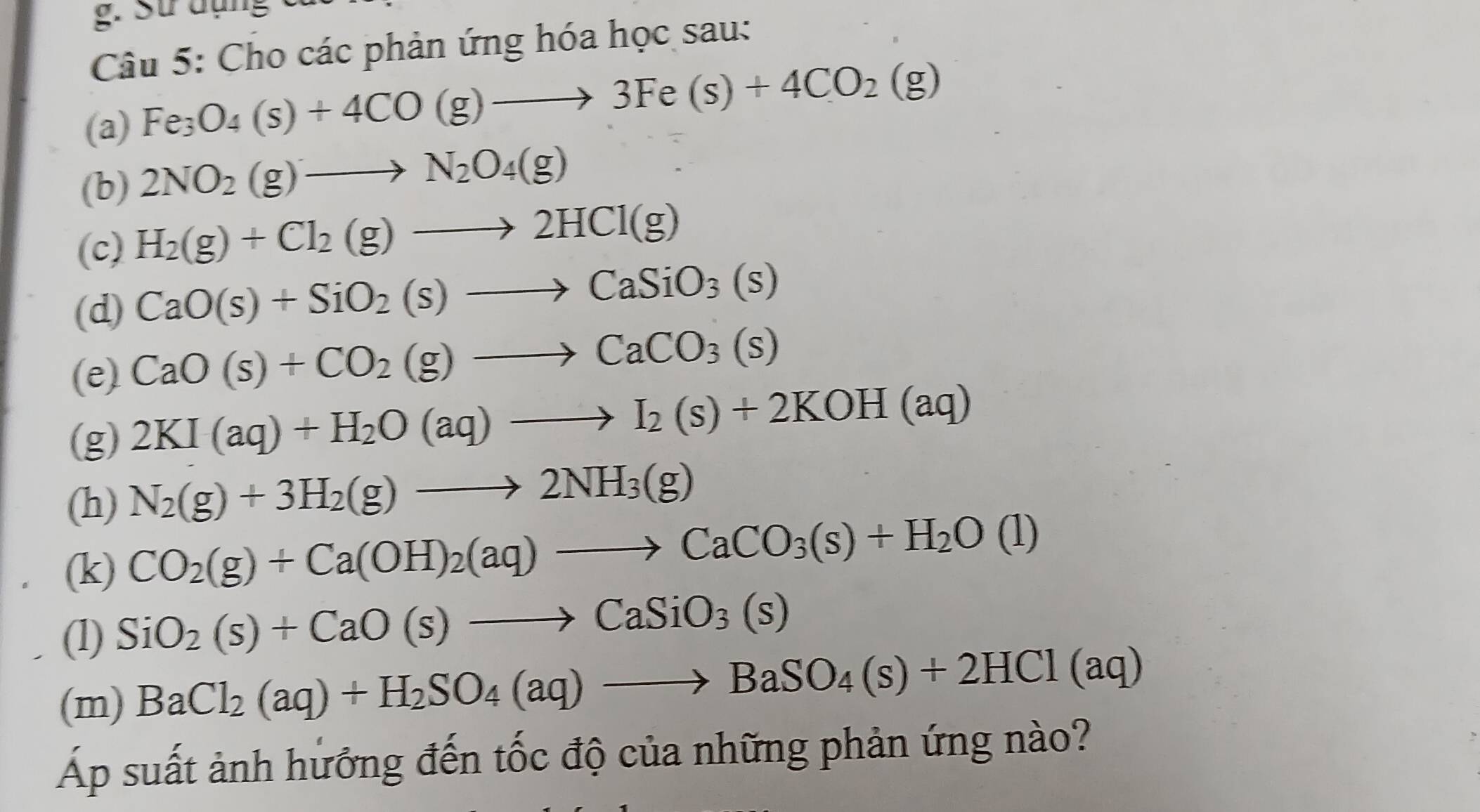 Sư đụng 1 
Câu 5: Cho các phản ứng hóa học sau: 
(a)
Fe_3O_4(s)+4CO(g)to 3Fe(s)+4CO_2(g)
(b) 2NO_2(g)to N_2O_4(g)
(c) H_2(g)+Cl_2(g)to 2HCl(g)
(d) CaO(s)+SiO_2(s)to CaSiO_3(s)
(e) CaO(s)+CO_2(g)to CaCO_3(s)
(g) 2KI(aq)+H_2O(aq)to I_2(s)+2KOH(aq)
(h) N_2(g)+3H_2(g)to 2NH_3(g)
(k) CO_2(g)+Ca(OH)_2(aq)to CaCO_3(s)+H_2O(l)
(1) SiO_2(s)+CaO(s)to CaSiO_3(s)
(m) BaCl_2(aq)+H_2SO_4(aq)to BaSO_4(s)+2HCl(aq)
Áp suất ảnh hưởng đến tốc độ của những phản ứng nào?