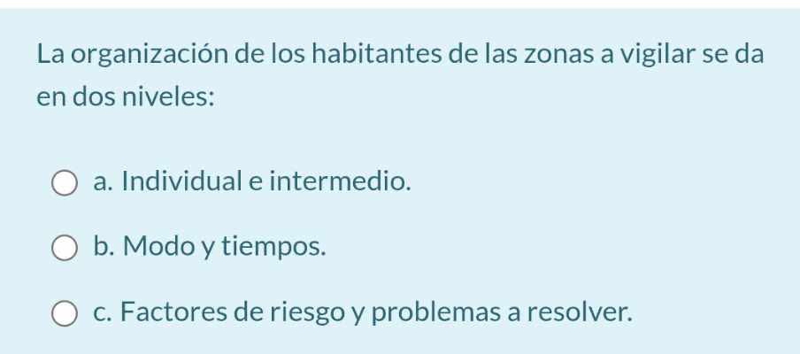 La organización de los habitantes de las zonas a vigilar se da
en dos niveles:
a. Individual e intermedio.
b. Modo y tiempos.
c. Factores de riesgo y problemas a resolver.