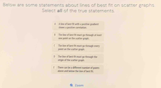 Below are some statements about lines of best fit on scatter graphs.
Select all of the true statements.
A A lime of bect fr witth a prsittion gradient
shows à positive comlation.
B The line of best fr must go theough at least
one point on the scatter pruph .
C The liaw of best fot must go thrsughs every
point on the scatter graph.
0 The line of best fir must go theough the
srigien of the scatter graphs.
E There can be a different numiser of points
aboe and below the line of best fin,
QZoom