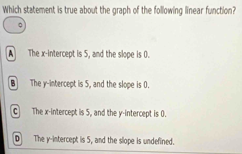 Which statement is true about the graph of the following linear function?
A The x-intercept is 5, and the slope is 0.
B The y-intercept is 5, and the slope is 0.
c The x-intercept is 5, and the y-intercept is 0.
D The y-intercept is 5, and the slope is undefined.