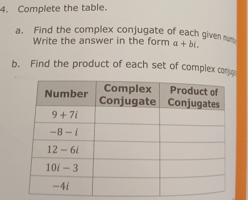 Complete the table.
a. Find the complex conjugate of each given num
Write the answer in the form a+bi.
b. Find the product of each set of complex conjug