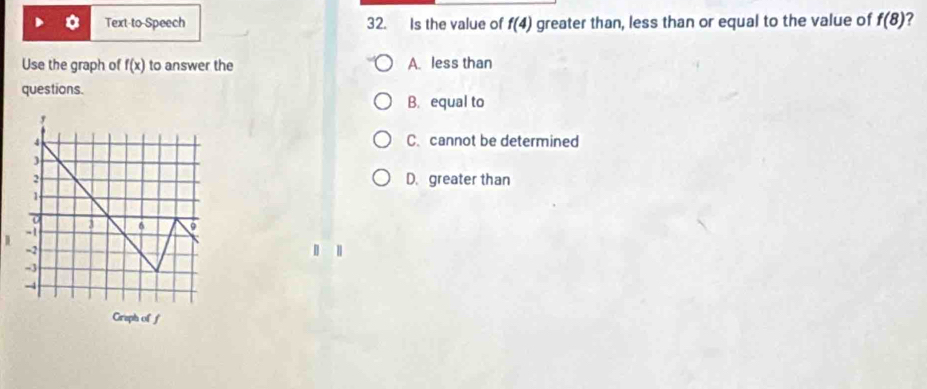 Text to Speech 32. Is the value of f(4) greater than, less than or equal to the value of f(8) ?
Use the graph of f(x) to answer the A. less than
questions.
B. equal to
C. cannot be determined
D. greater than