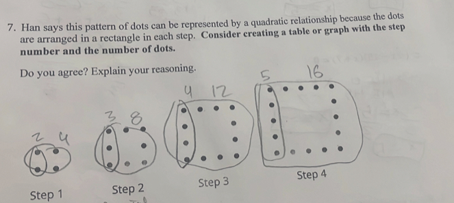 Han says this pattern of dots can be represented by a quadratic relationship because the dots 
are arranged in a rectangle in each step. Consider creating a table or graph with the step 
number and the number of dots. 
Do you agree? Explain your reasoning. 
Step 1 Step 2 Step 3