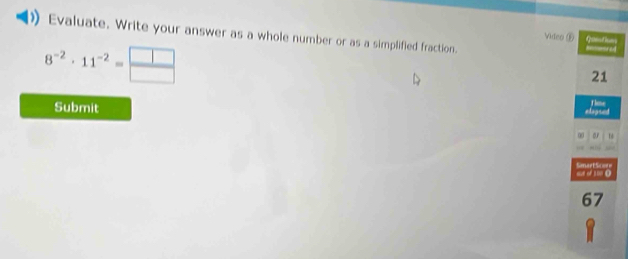 Evaluate. Write your answer as a whole number or as a simplified fraction. d 
video
8^(-2)· 11^(-2)= □ /□  
Submit