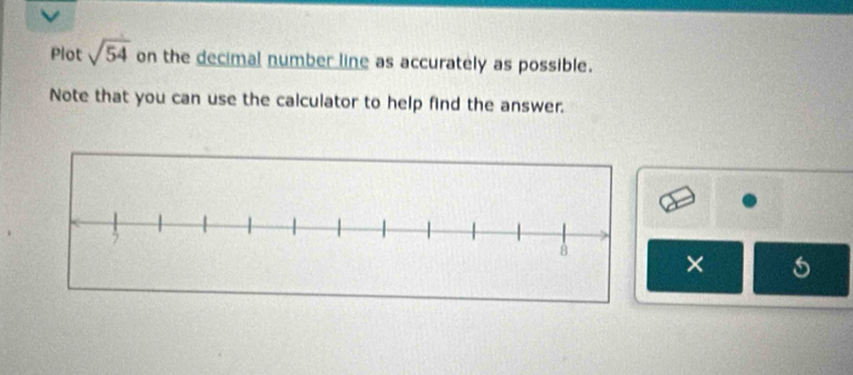 Plot sqrt(54) on the decimal number line as accurately as possible. 
Note that you can use the calculator to help find the answer. 
×