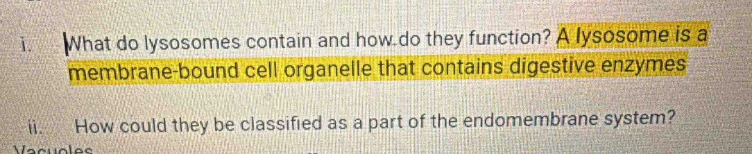 What do lysosomes contain and how do they function? A lysosome is a 
membrane-bound cell organelle that contains digestive enzymes 
ii. How could they be classified as a part of the endomembrane system? 
Vacuoles