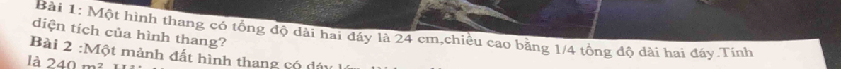 Một hình thang có tổng độ dài hai đáy là 24 cm,chiều cao bằng 1/4 tổng độ dài hai đáy.Tính 
diện tích của hình thang? 
Bài 2 : M ột mảnh đất hình thang có dây 
là 240m^2