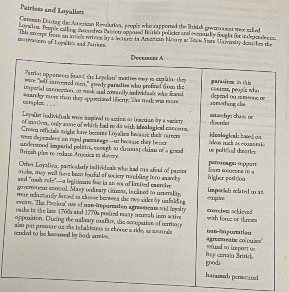 Patriots and Loyalists 
Context: During the American Revolution, people who supported the British government were called 
Loyalists. People calling themselves Patriots opposed British policies and eventually fought for independence. 
This excerpt from an article written by a lecturer in American history at Texas State University describes the 
motivations of Loyalists and Patriots.