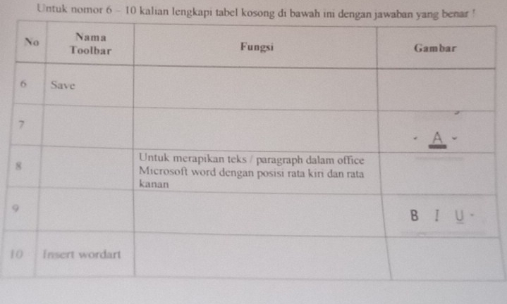 Untuk nomor 6 - 10 kalian lengkapi tabel kosong di bawah ini dengan jawaban yang benar ! 
1